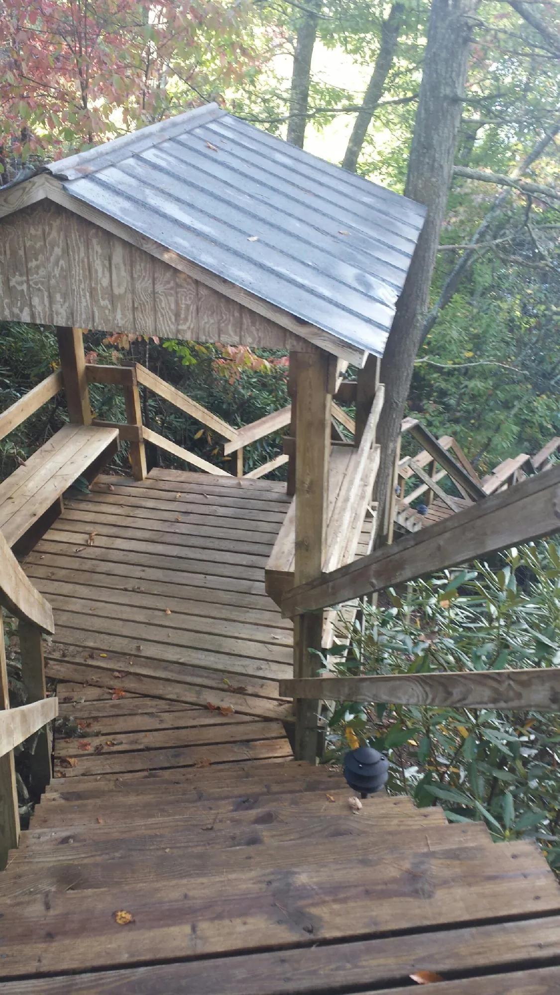 Metal roofed shelter over wooden steps on a wooded walkway — Skylight Repair & Installation work by our crew in Pine Ridge